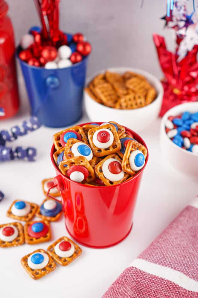 Red, White & Blue Pretzel Bites served in a red and blue buckets