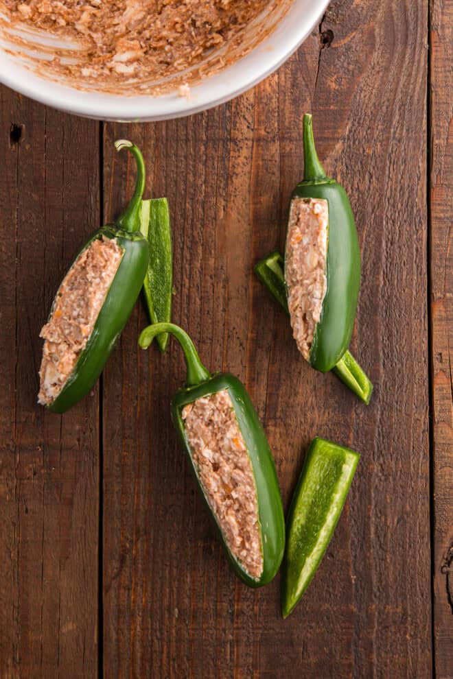 Stuffed Jalapeno Poppers ready to wrap in bacon