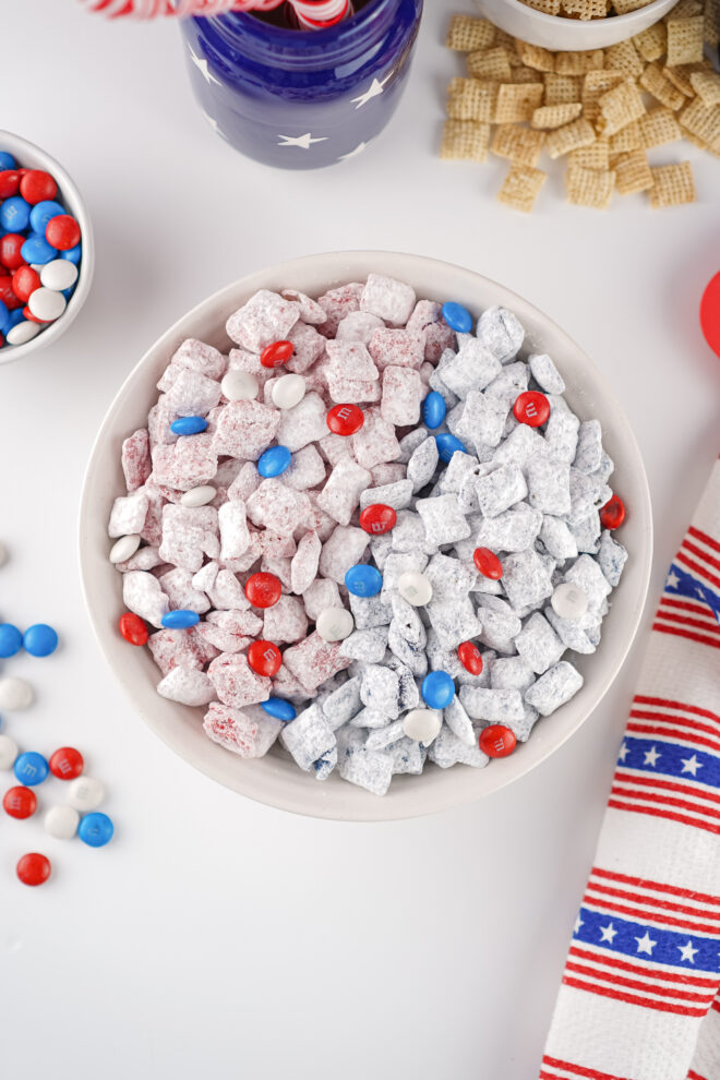 Red White & Blue Patriotic Muddy Buddies in a white bowl