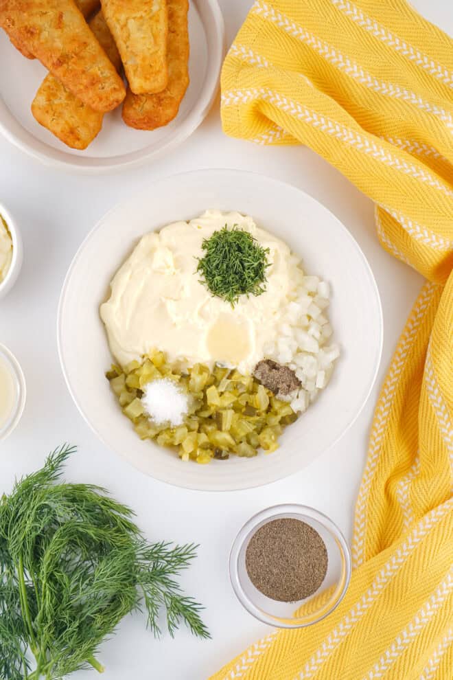 Overhead shot of the ingredients before mixing together to make homemade tartar sauce