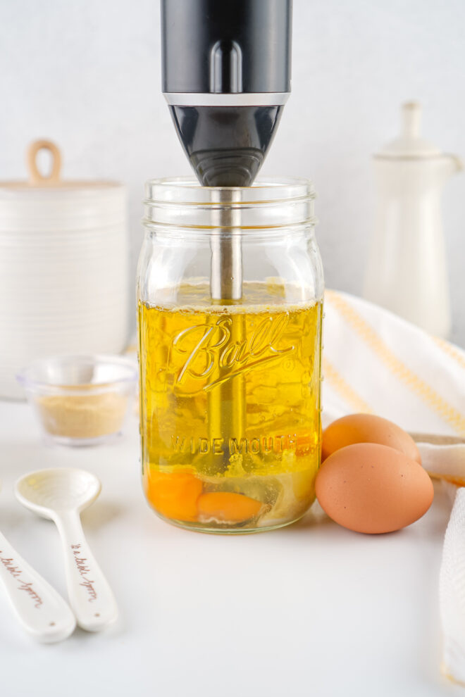 homemade mayo ingredients in a jar before blending