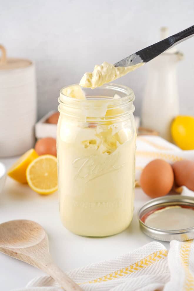 Homemade Mayo in a Glass Mason Jar ready to serve