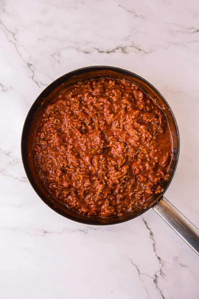 Ground Beef and Marinara sauce mixed together in a frying pan