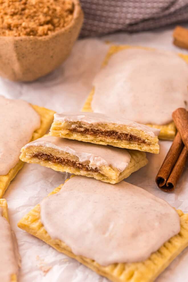 Homemade Frosted Brown Sugar and Cinnamon Pop-Tarts on parchment paper